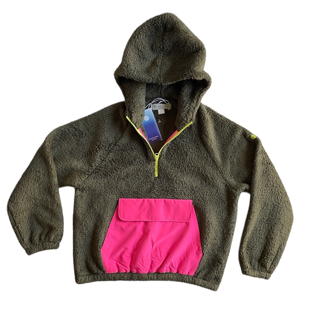 Outerknown Cozy Sherpa Half Zip Hoodie Olive Green/Neon Pink NWT